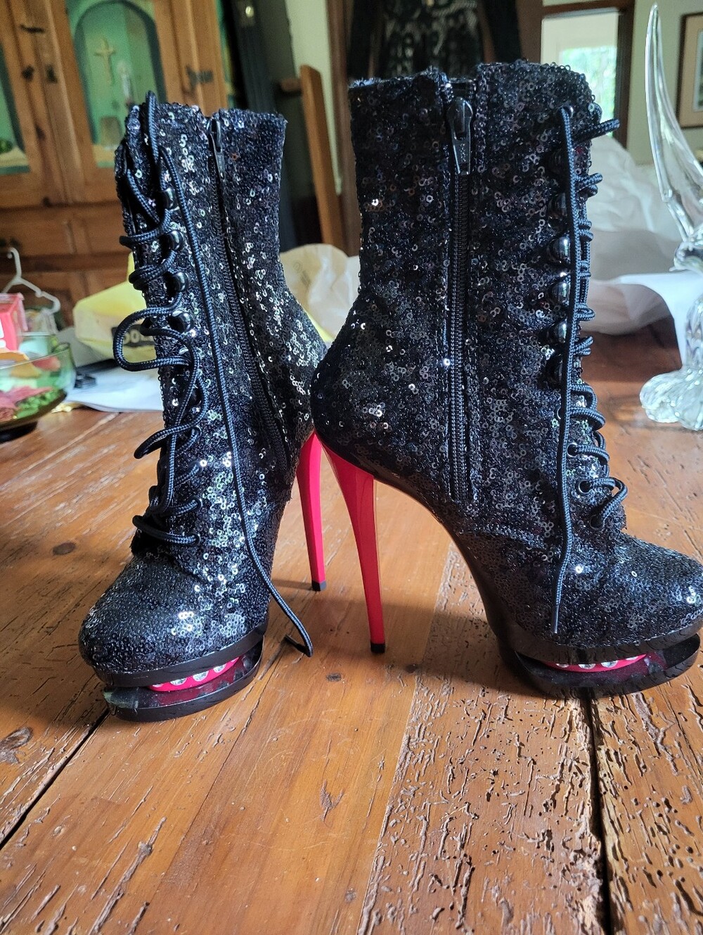 Black Sequin Lace-Up Platform Booties with Red Heel